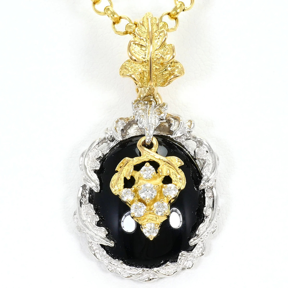 PT900 Platinum 18K Yellow Gold Necklace with Onyx and 0.15ct Diamond, Certifi...